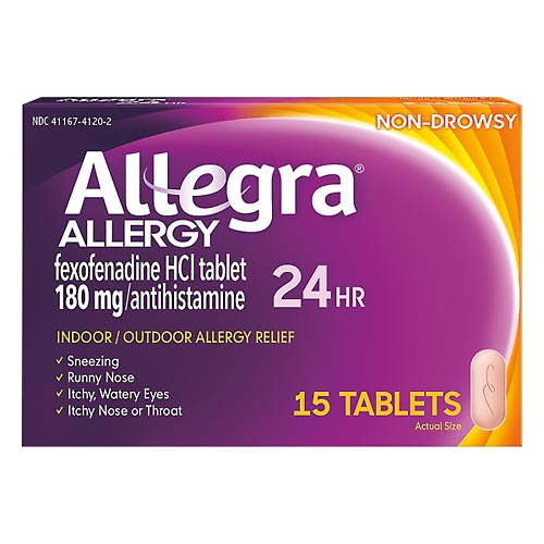 Image for Allegra Allergy Relief, Indoor/Outdoor, Non-Drowsy, 24 Hrs, Tablets,15ea from Minnichs Pharmacy