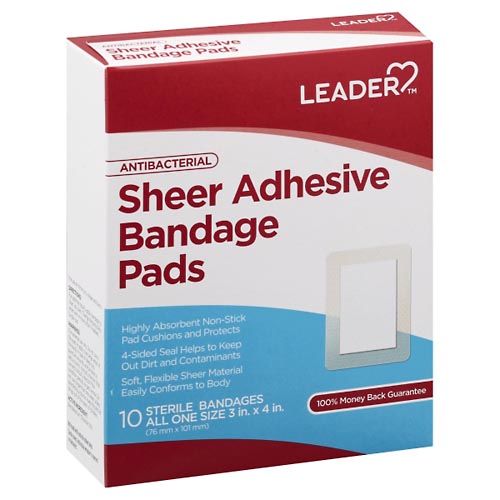 Image for Leader Adhesive Bandage Pads, Antibacterial, Sheer, All One Size,10ea from Minnichs Pharmacy