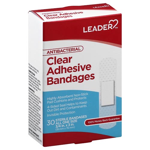 Image for Leader Adhesive Bandages, Clear, Antibacterial, All One Size,30ea from Minnichs Pharmacy