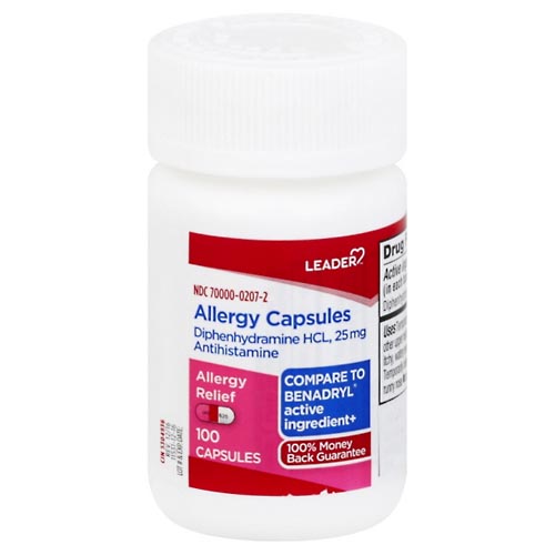 Image for Leader Allergy Relief, 25 mg, Capsules,100ea from Minnichs Pharmacy