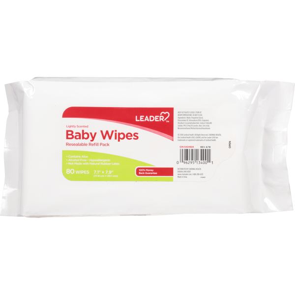 Image for Leader Baby Wipes, Lightly Scented, Resealable, Refill Pack, 80ea from Minnichs Pharmacy