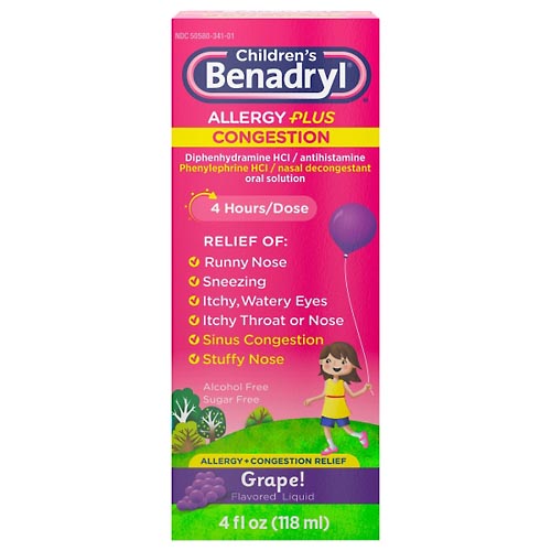Image for Children's Benadryl Allergy Plus Congestion, Flavored Liquid, Grape!,4oz from Minnichs Pharmacy